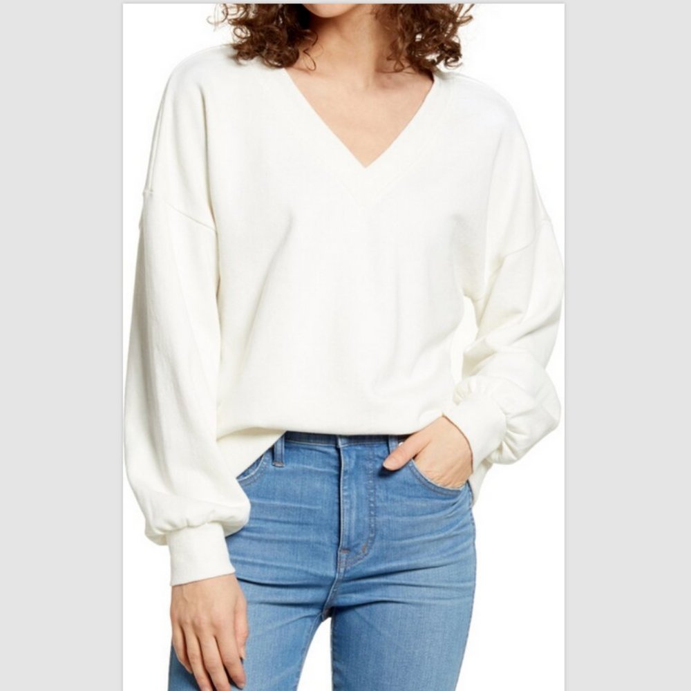 Madewell White V-Neck Sweatshirt